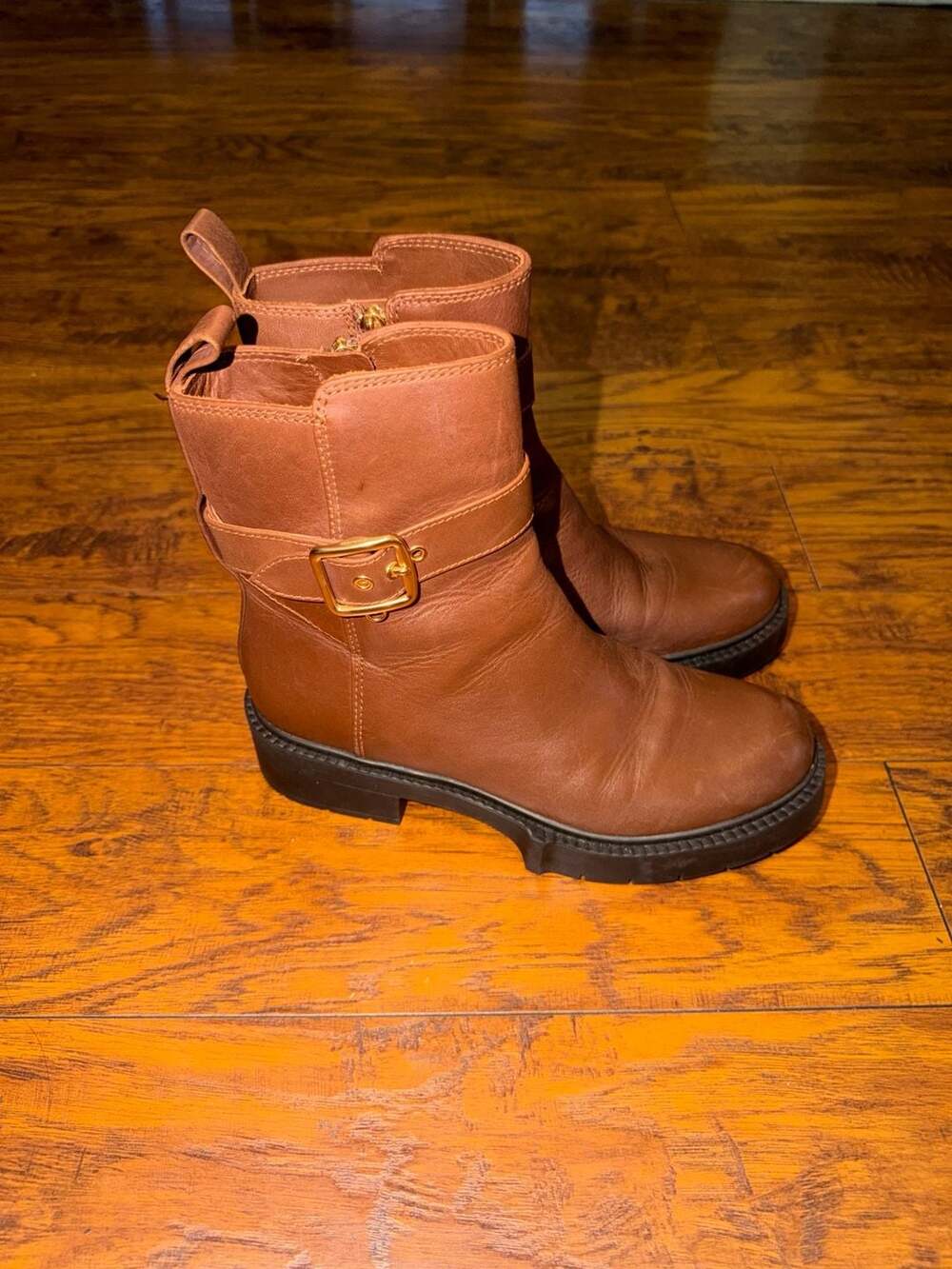 Coach Brown Leather Lug Sole Buckle Booties